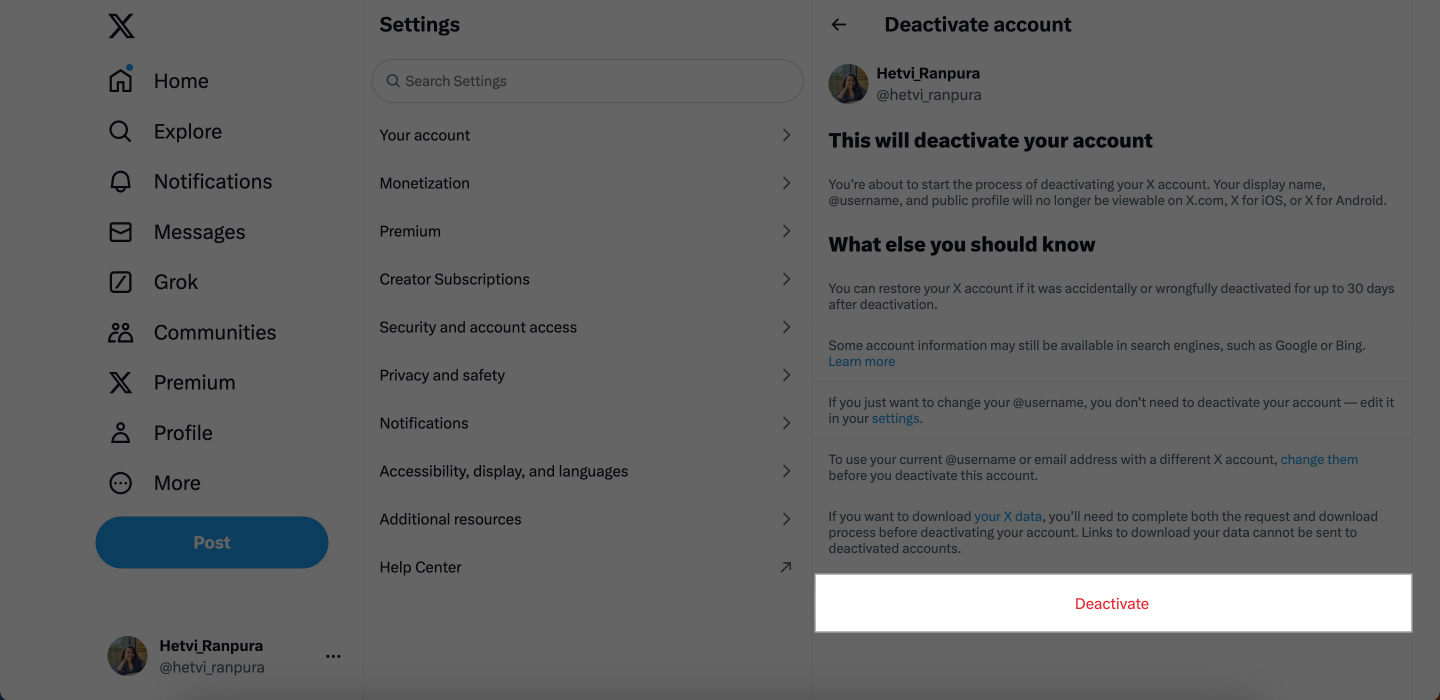 Tap on Deactivate to delete Twitter account using desktop