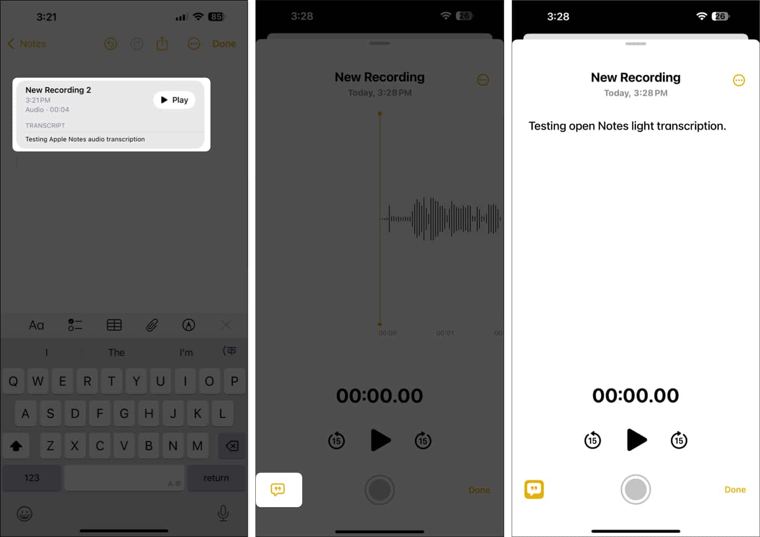 Tap on Quotation box to view audio transcription on iPhone