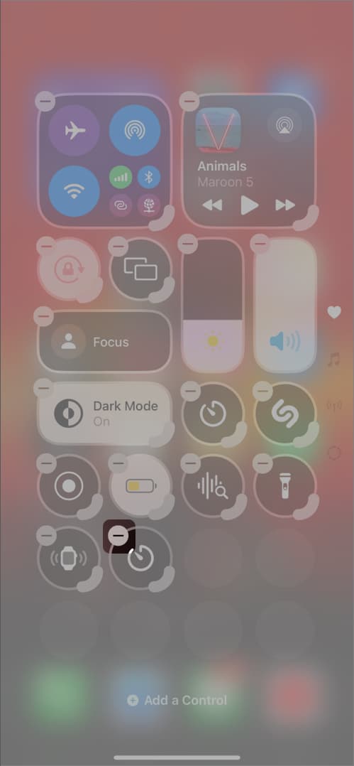 Tap on minus icon to remove control from control center