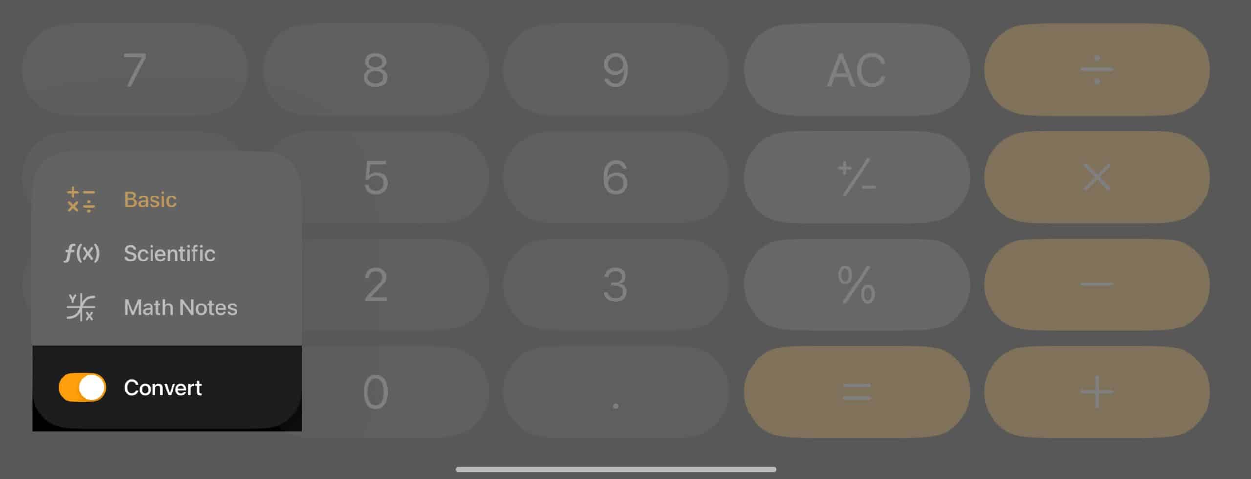 Toggle on Convert to convert using Calculator app on iPad