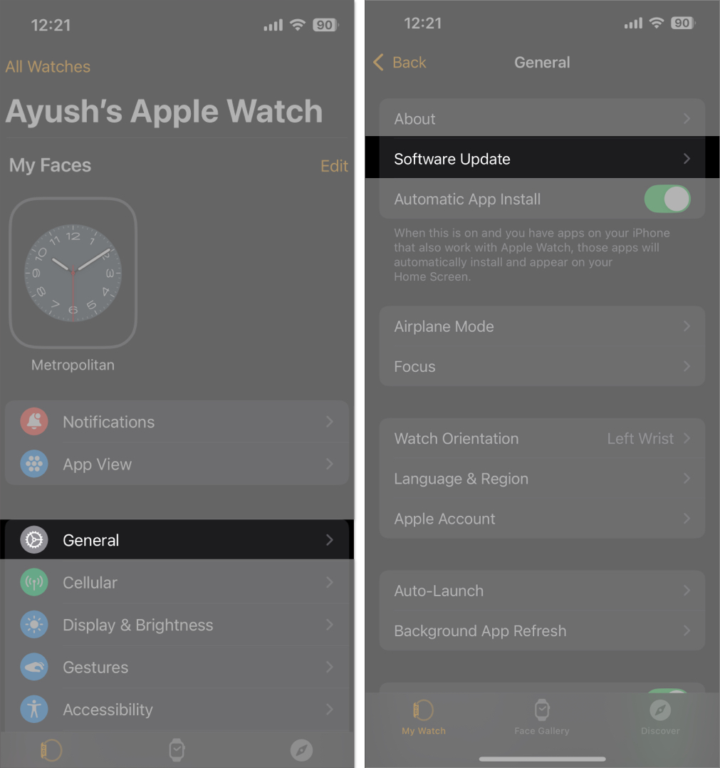 Software Update option in the Watch app on an iPhone.