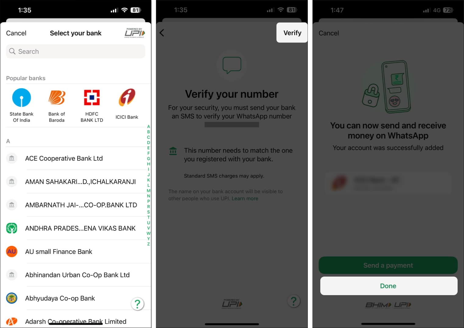 Verifying bank account to complete WhatsApp Payments set up process on iPhone.