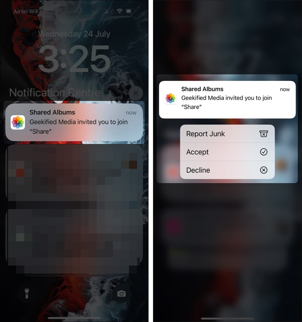 A Shared Album invitation in the Notification Center on an iPhone