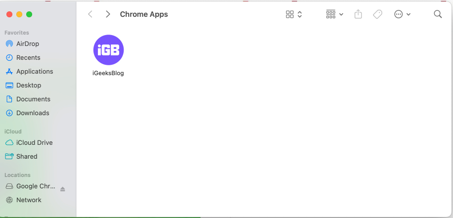 Chrome Apps folder under Applications folder on a Mac.