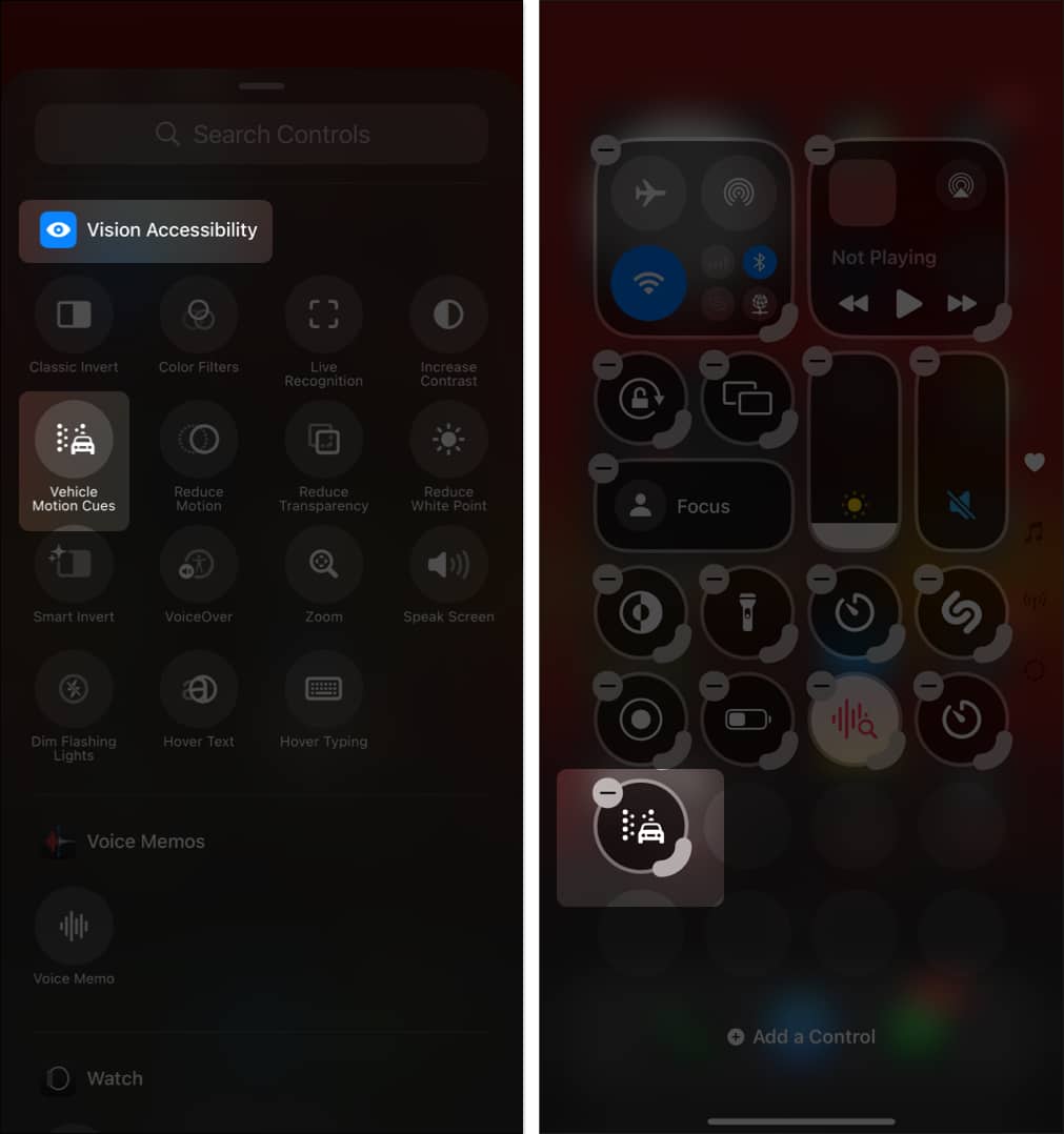 Vehicle Motion Cues tile in Control Center on an iPhone