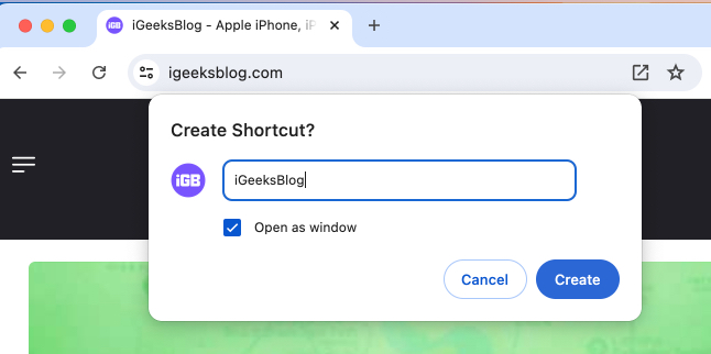Create Shortcut prompt in Chrome on a Mac.