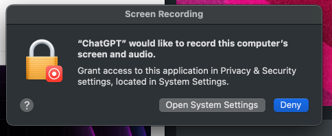 Allow necessary permission to take screenshot using ChatGPT on Mac.