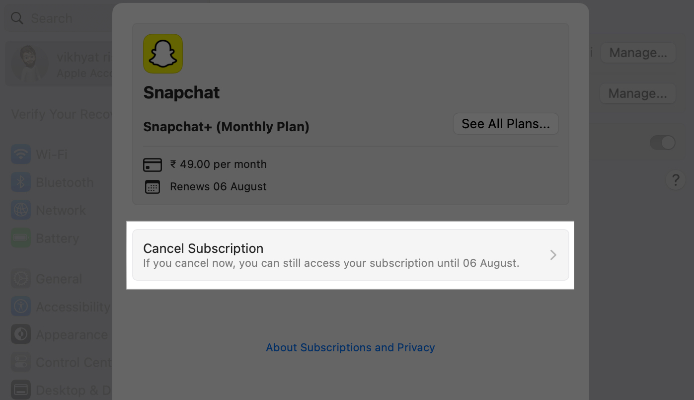 Cancel Subscription button for canceling a subscription in the System Settings app on a Mac.
