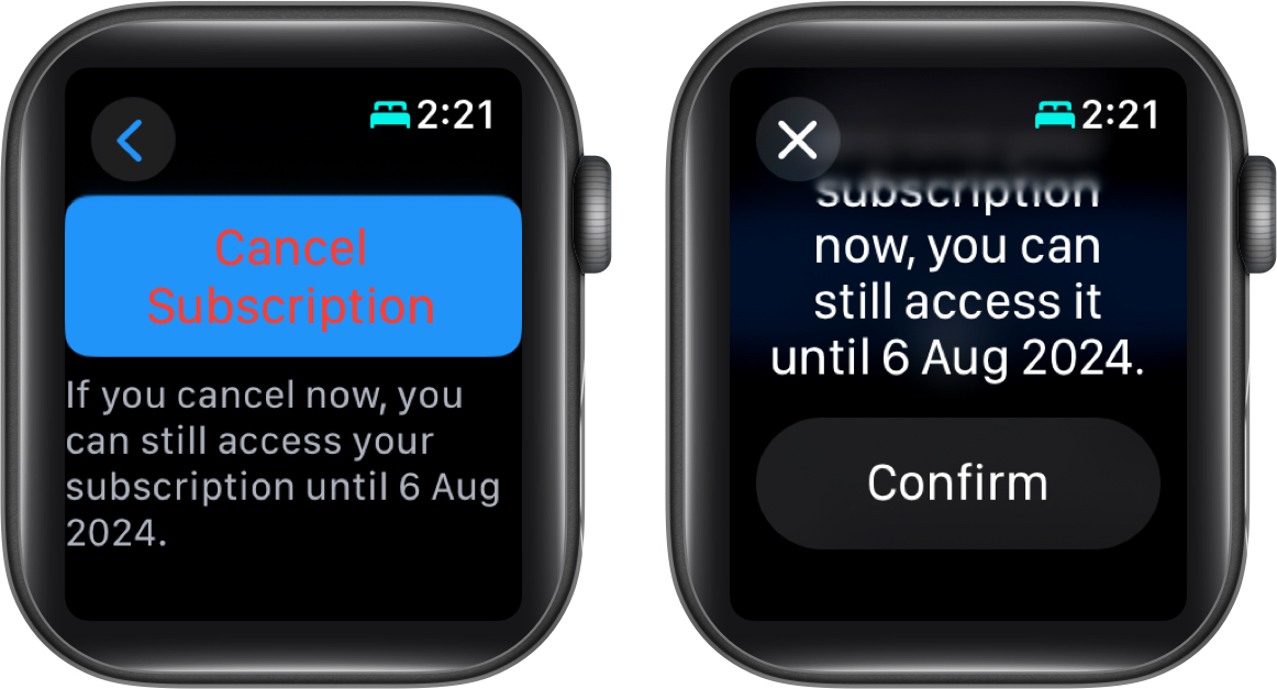 Cancel Subscription and Confirm buttons to cancel an active subscription on an Apple Watch.