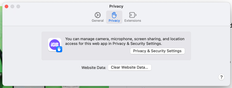 Privacy tab for a web app on a Mac.