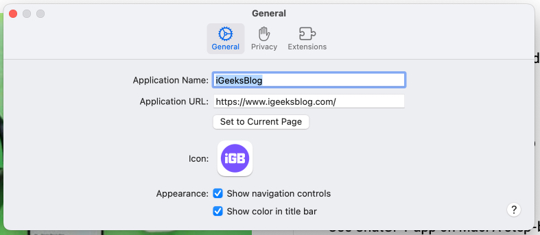 General tab for a web app on a Mac.