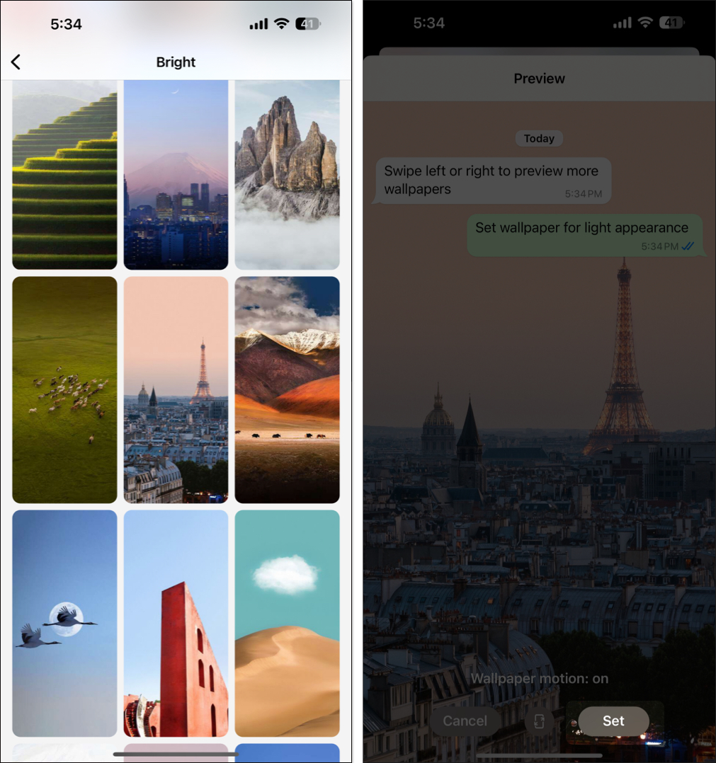 New WhatsApp chat wallpaper preview page in  iOS WhatsApp app.
