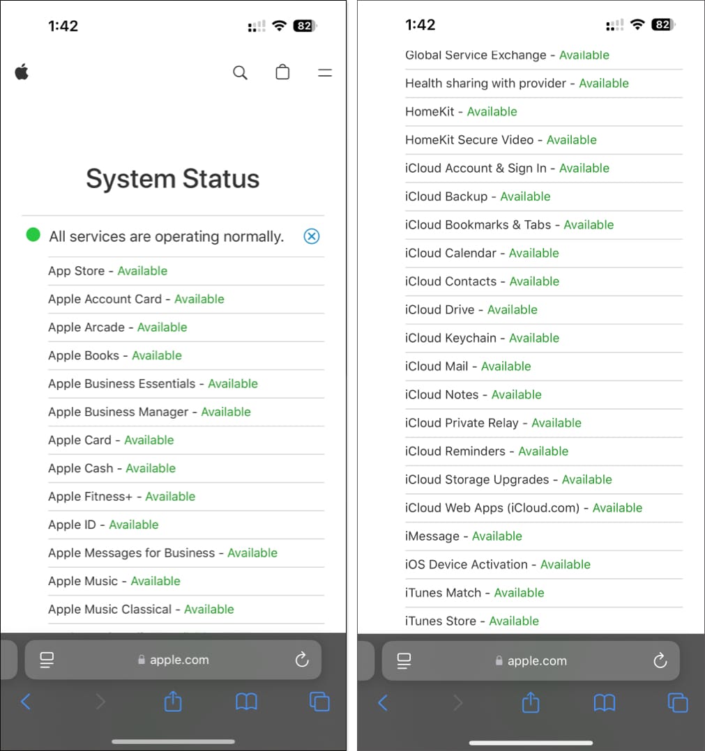 Apple System Status page on an iPhone showing current status of various Apple services