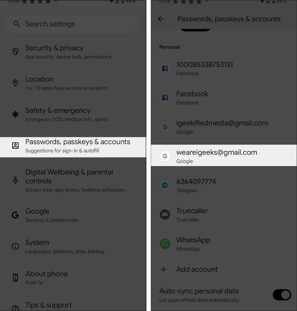 Accounts settings page on an Android phone.