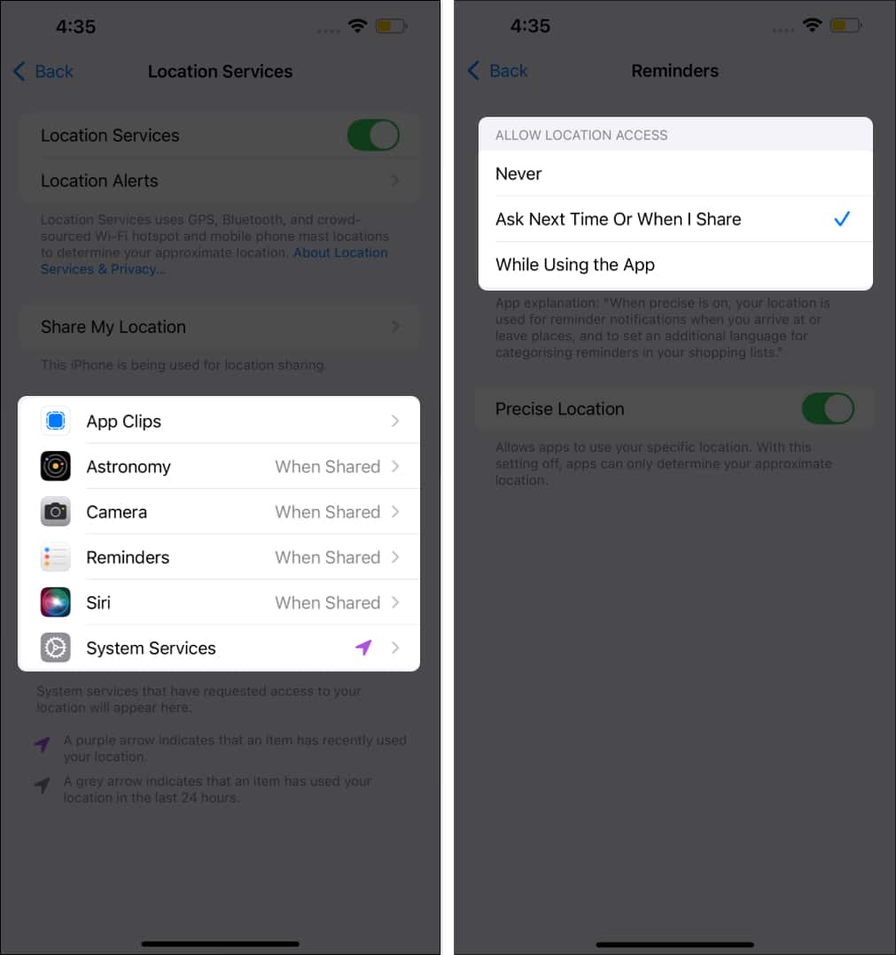 Location access configuration options in iPhone Settings app