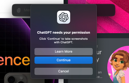 Click Continue to allow permission to take screenshot using ChatGPT.