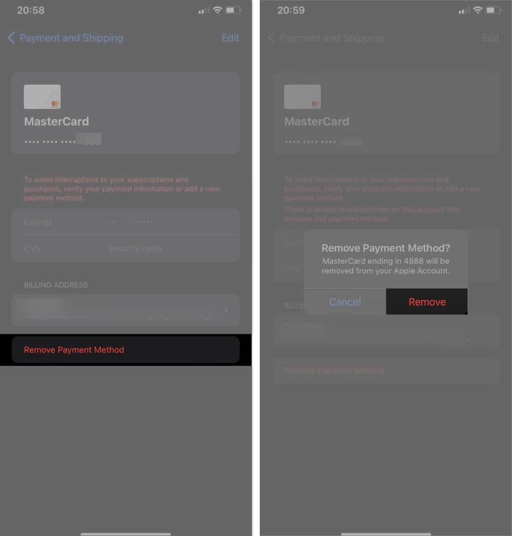 Remove Payment Method option to remove a payment method on an iPhone