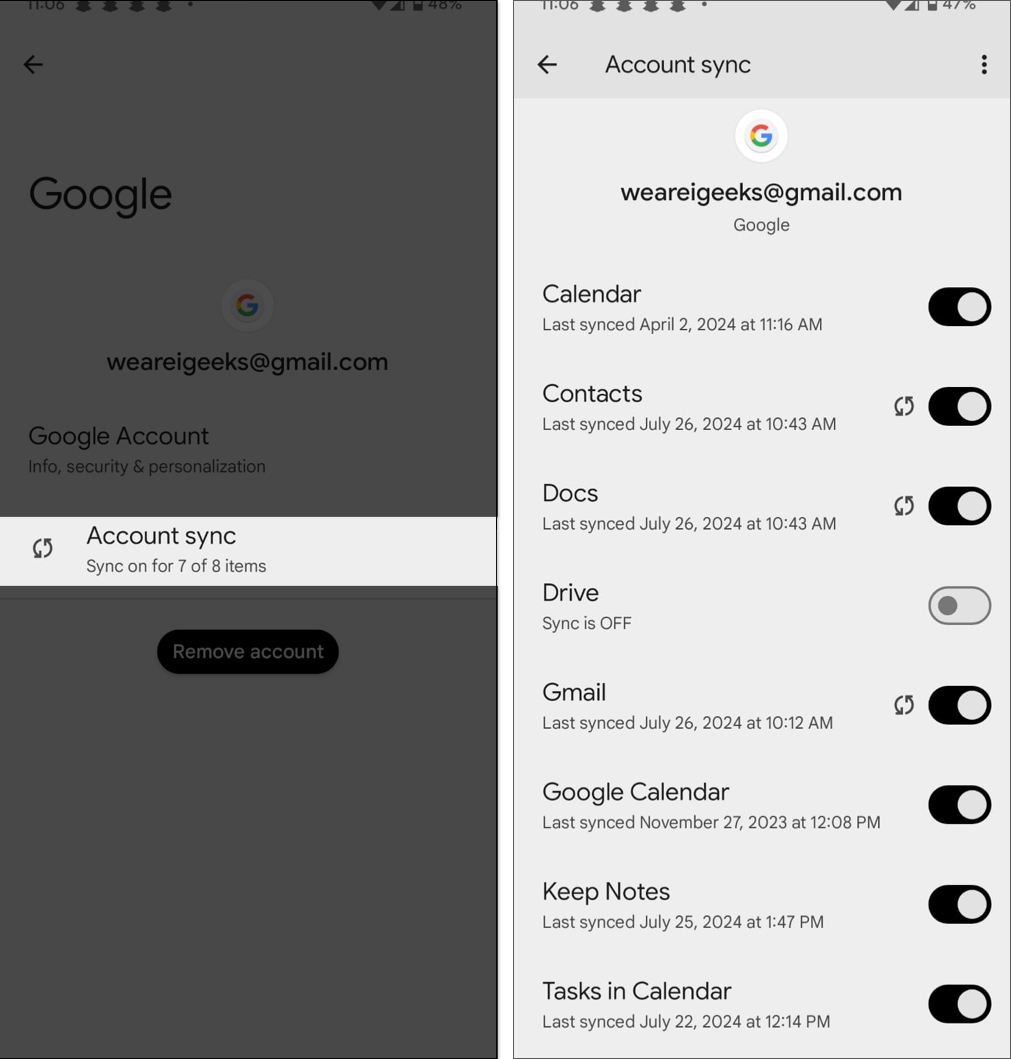 Toggling account sync for different services on an Android phone.