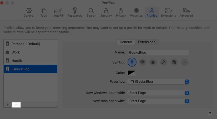 Click on minus to delete Safari Profile