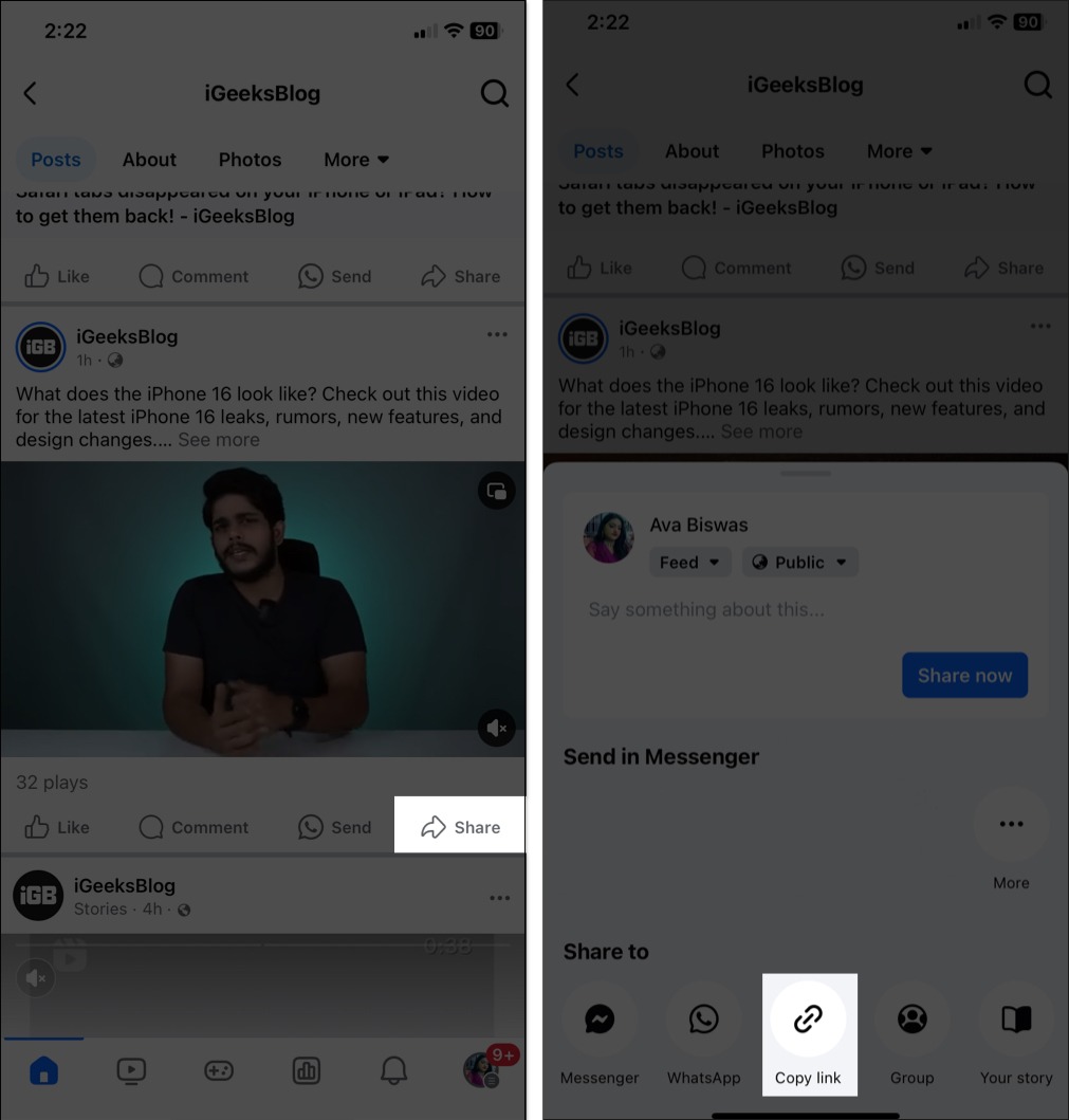 Copy Link option in the Share menu under a post on the Facebook iOS app.