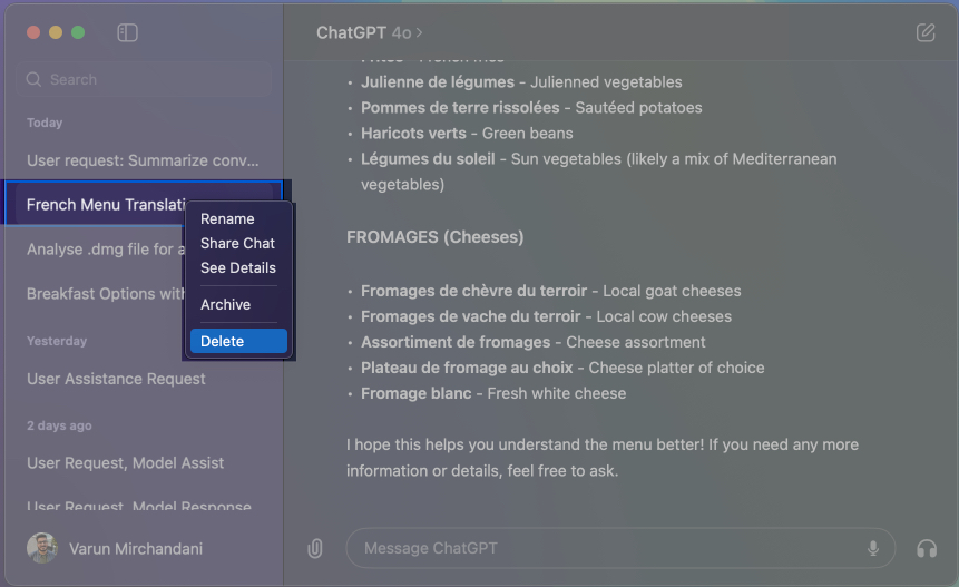 Delete a previous chat history in ChatGPT app on Mac