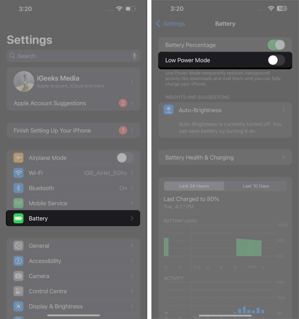 Low Power Mode option under Battery settings on an iPhone