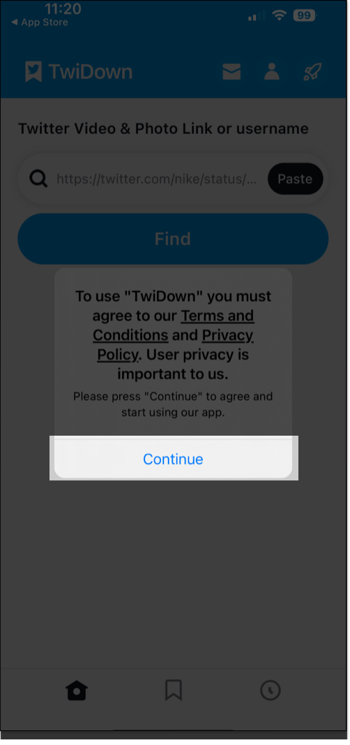 TwiDown app T&C prompt.