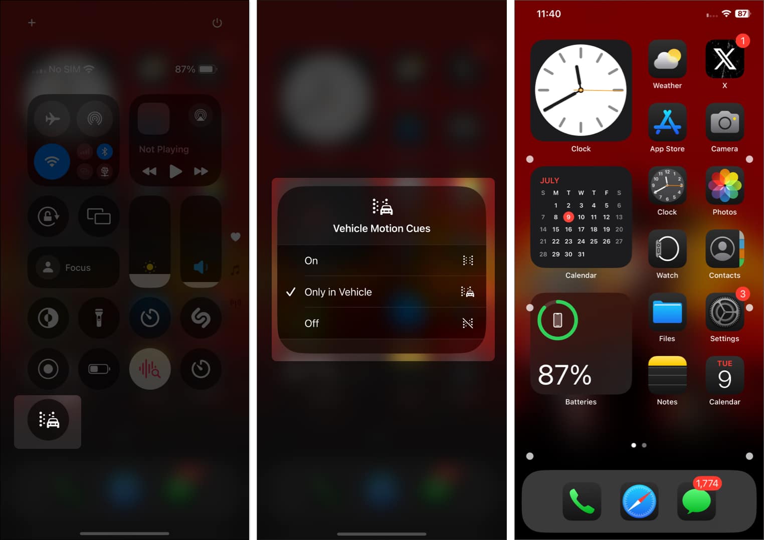 Vehicle Motion Cues-bricka med flera alternativ i iOS Control Center på en iPhone