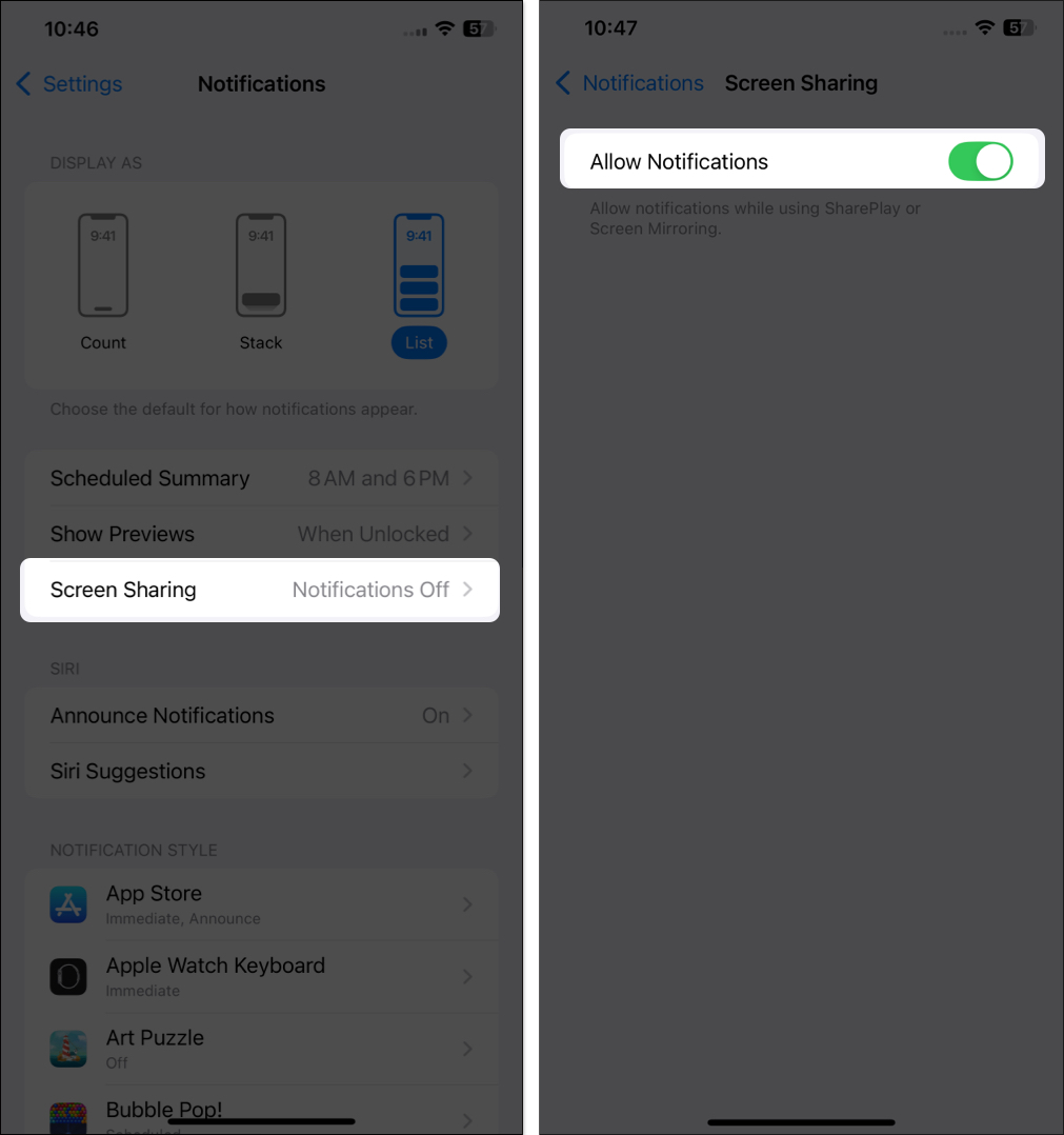 Screen Sharing notifications settings in the Settings app on an iPhone.