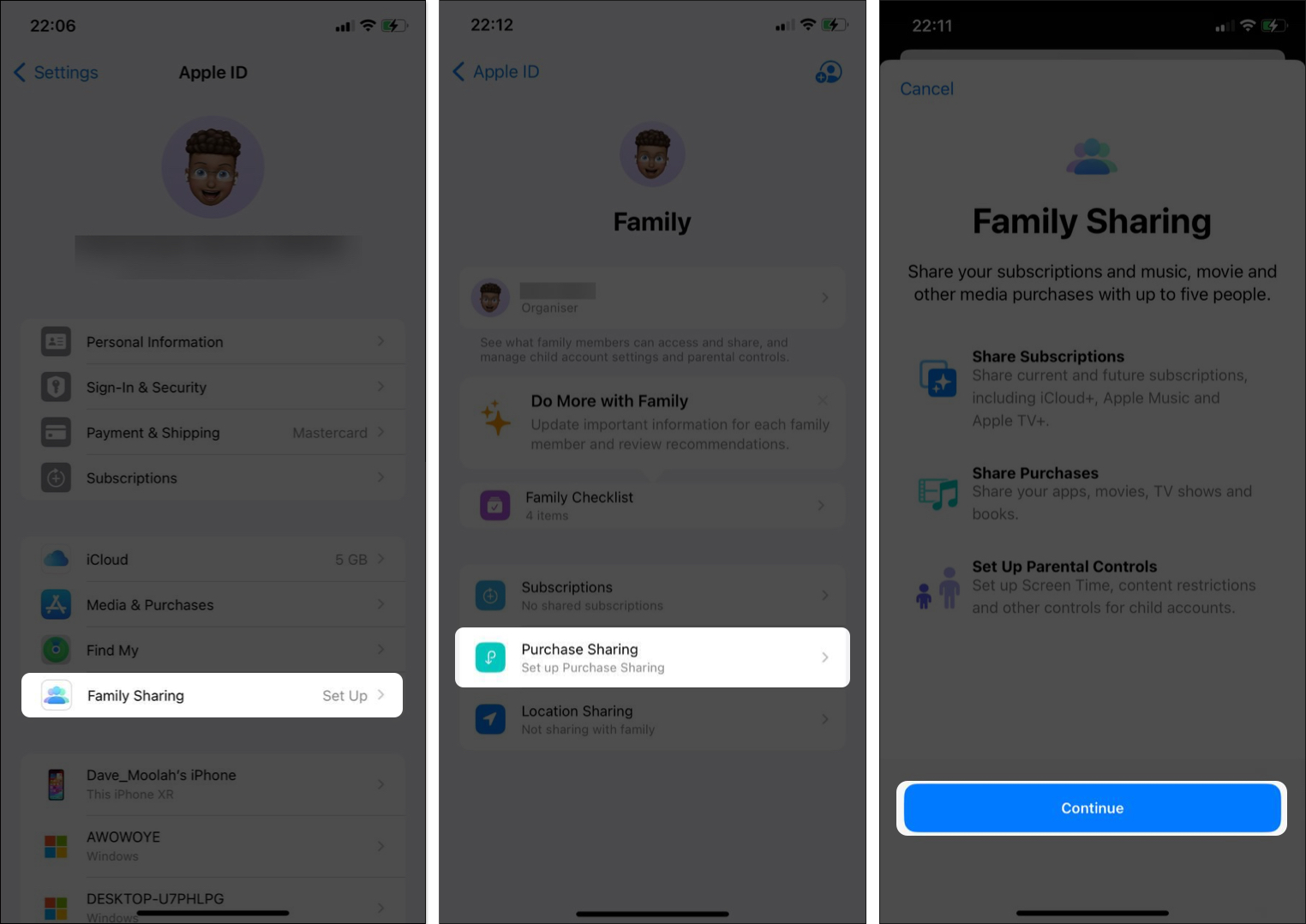 Family Sharing page in iPhone Settings app.