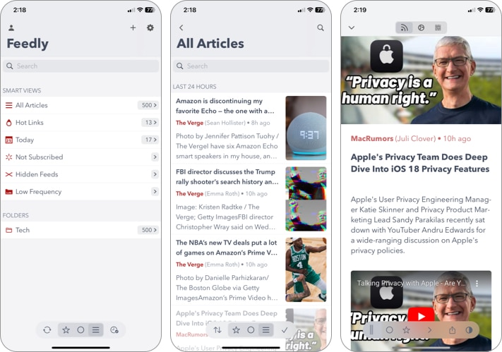 Fiery Feeds RSS app on an iPhone