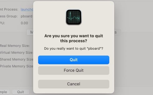 Force Quit confirmation prompt for the pboard process on a Mac