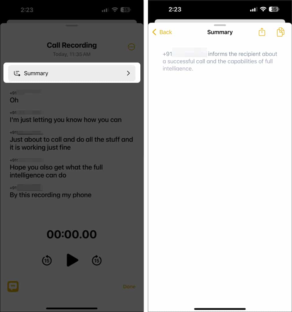 Summary of a call recording in the iPhone Notes app on iOS 181 beta 1