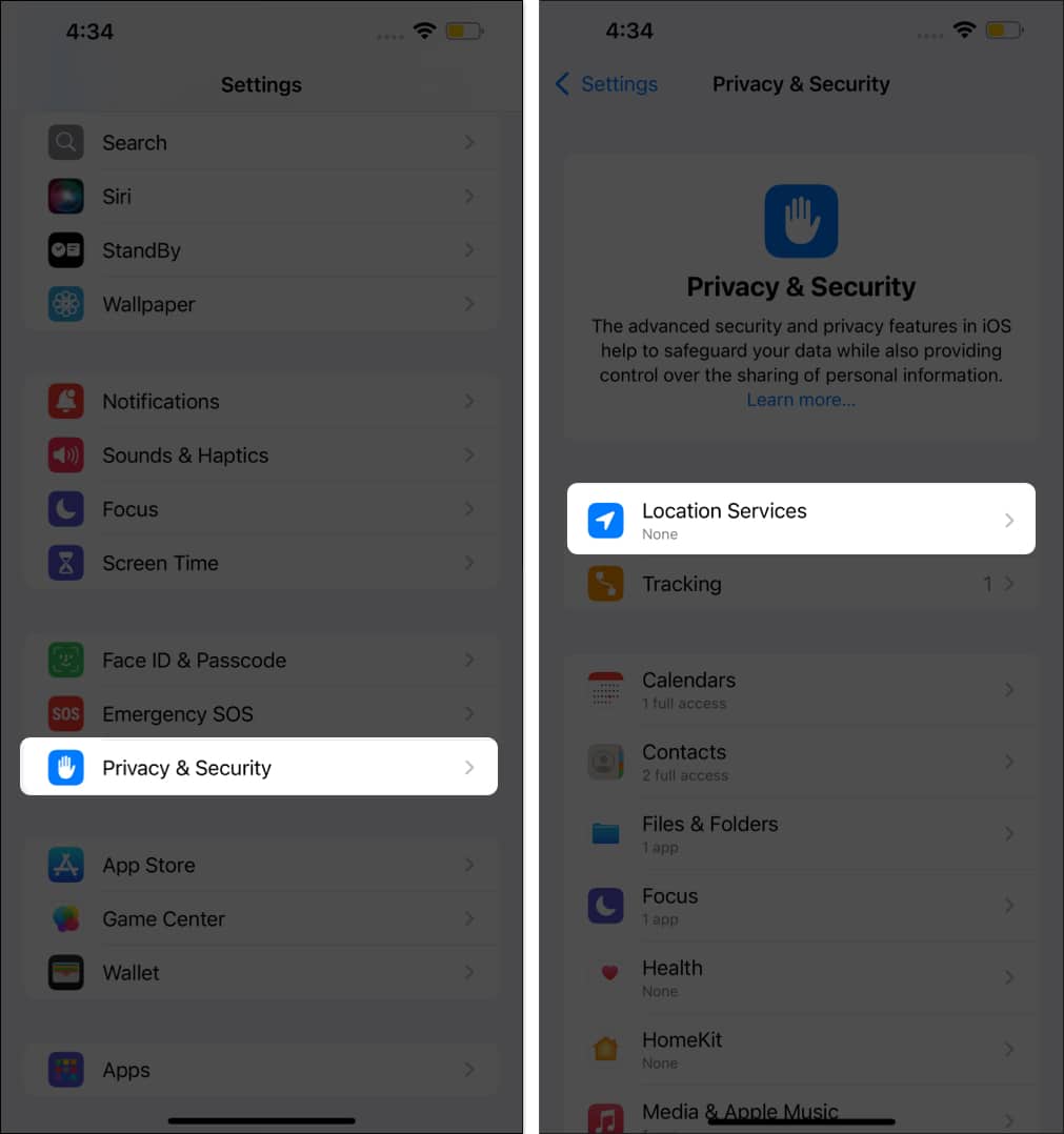 Privacy Security and Location Services pages in iPhone's Settings app.