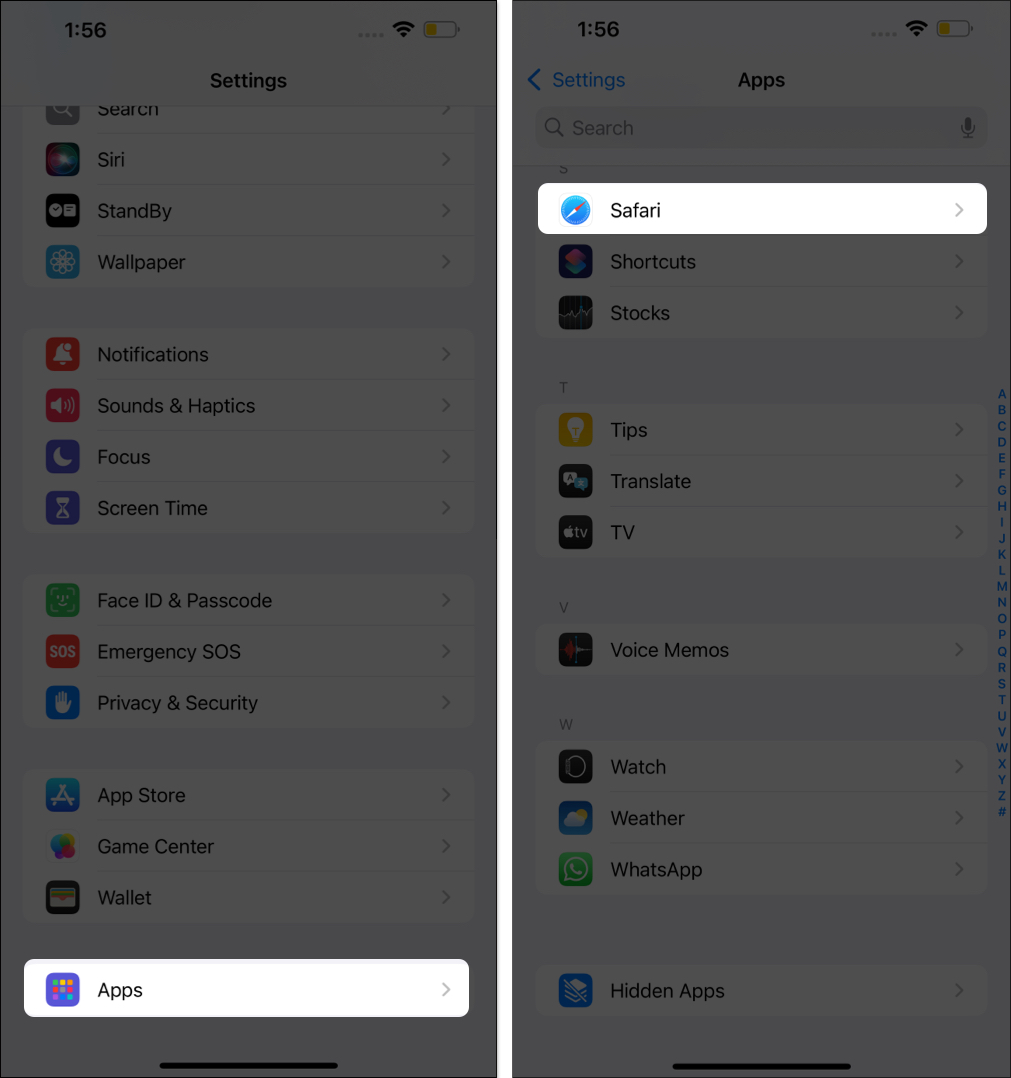 Safari settings in iPhone Settings app.