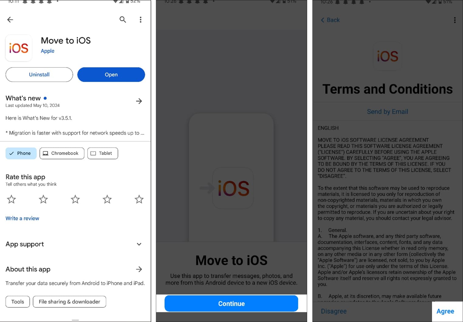 Installing Move to iOS app on Android and agreeing to its terms and conditions