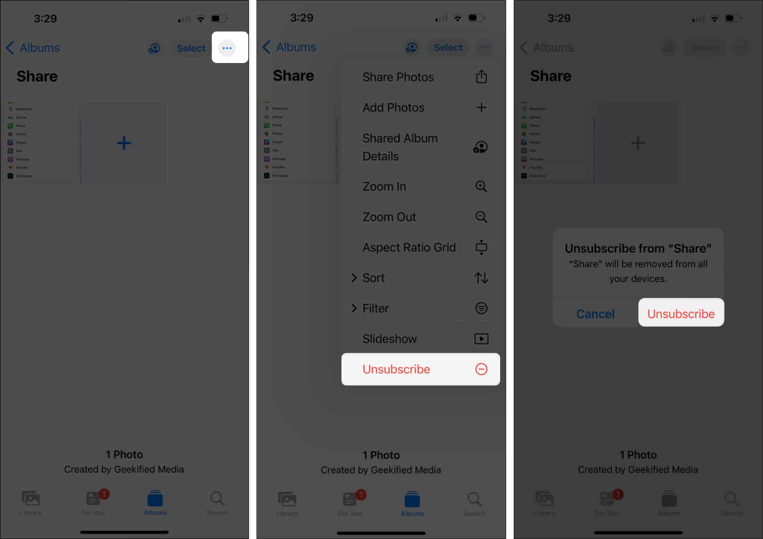 Unsubscribe button in the Photos app to leave a shared photo album