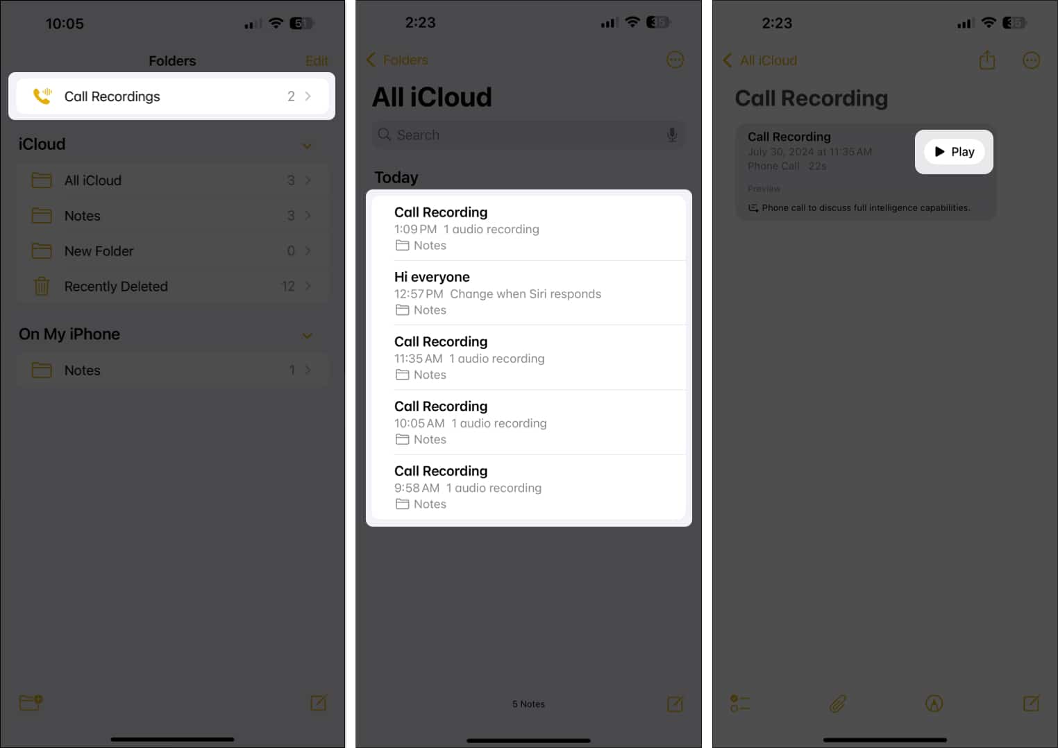 Playing a call recording under the Call Recordings folder in the Notes app on an iPhone