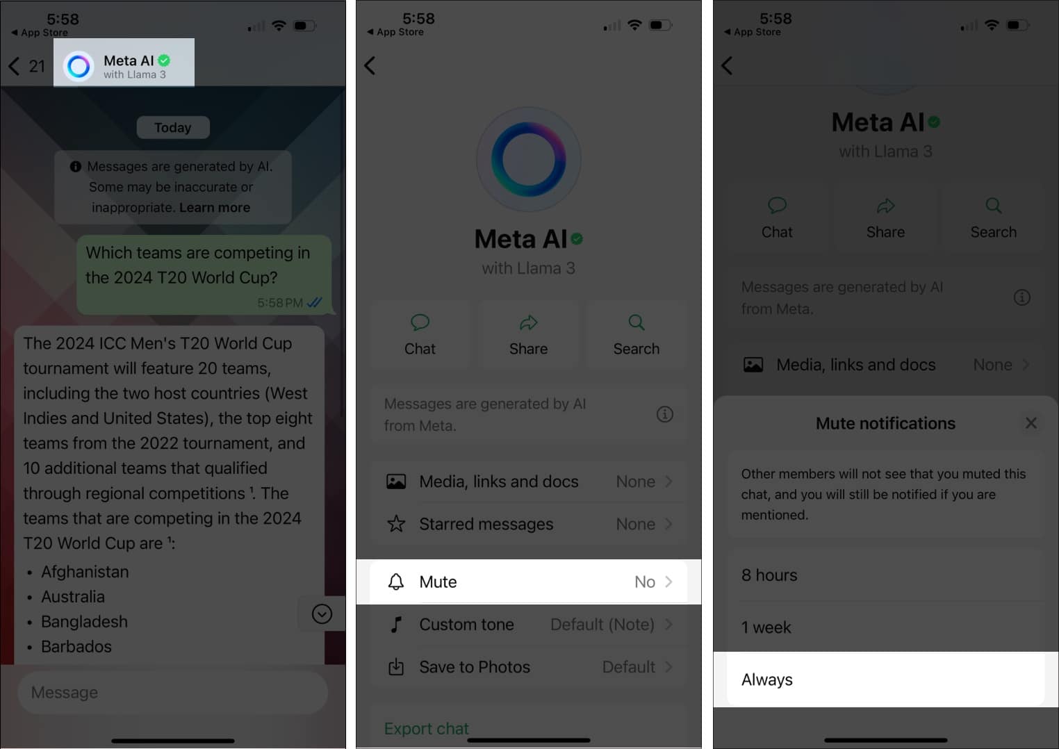 Mute Meta AI in WhatsApp on iPhone