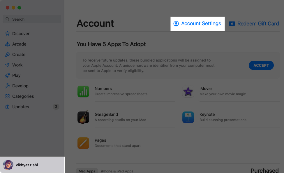 Account Settings button on the Account page on the Mac App Store.