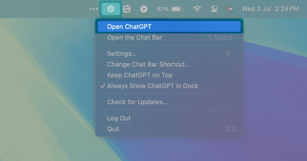 Open ChatGPT app on Mac from Menu Bar.