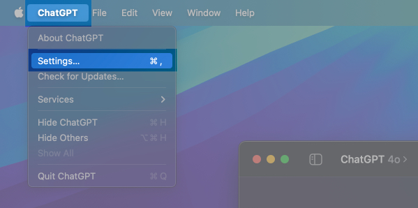 Open ChatGPT settings from menu bar on Mac