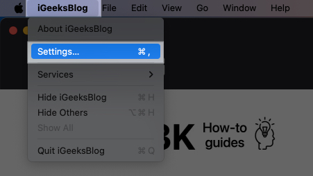 Accessing a web app's settings on a Mac.