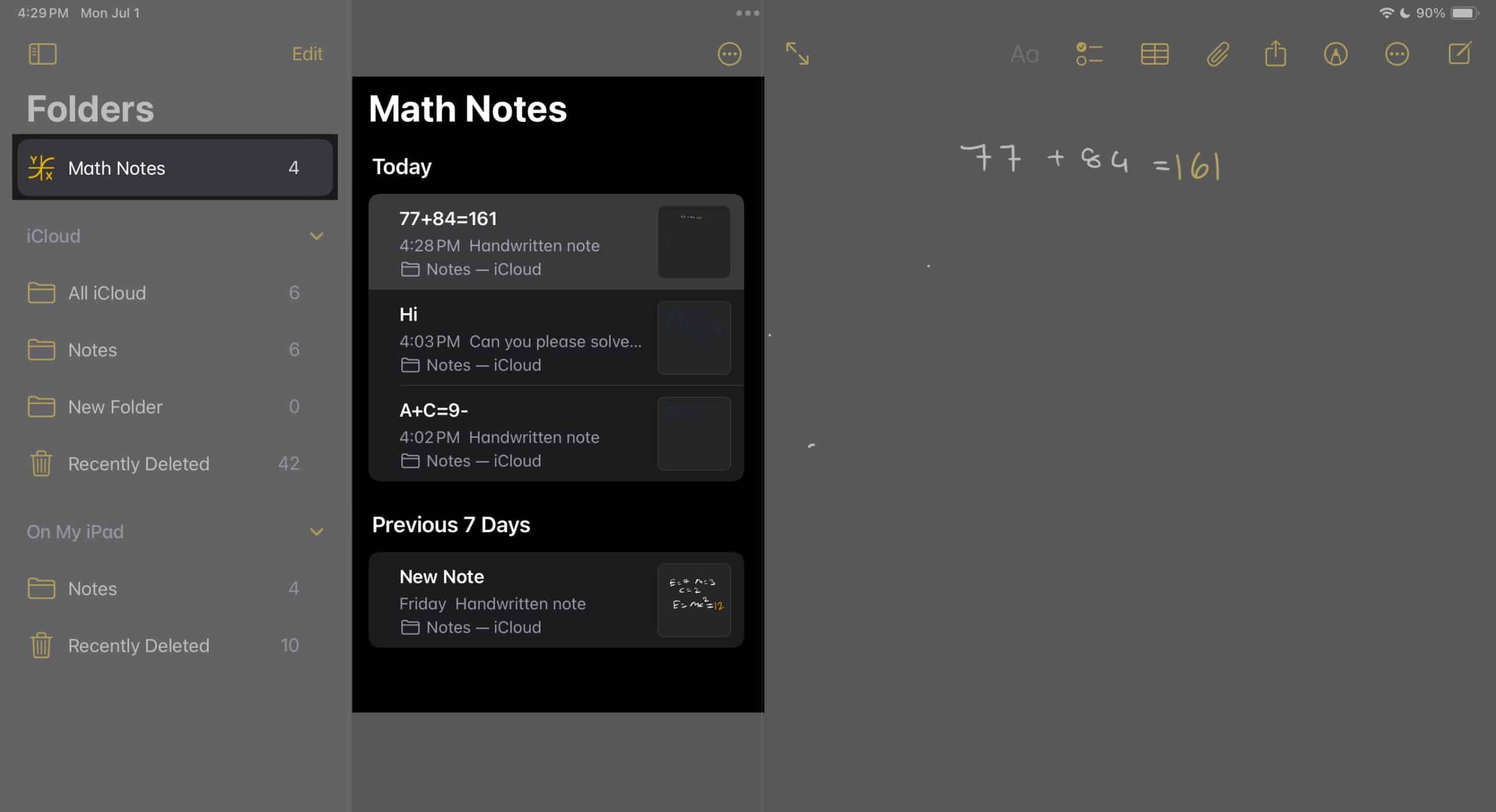 Math Notes folder in iPad Notes app.