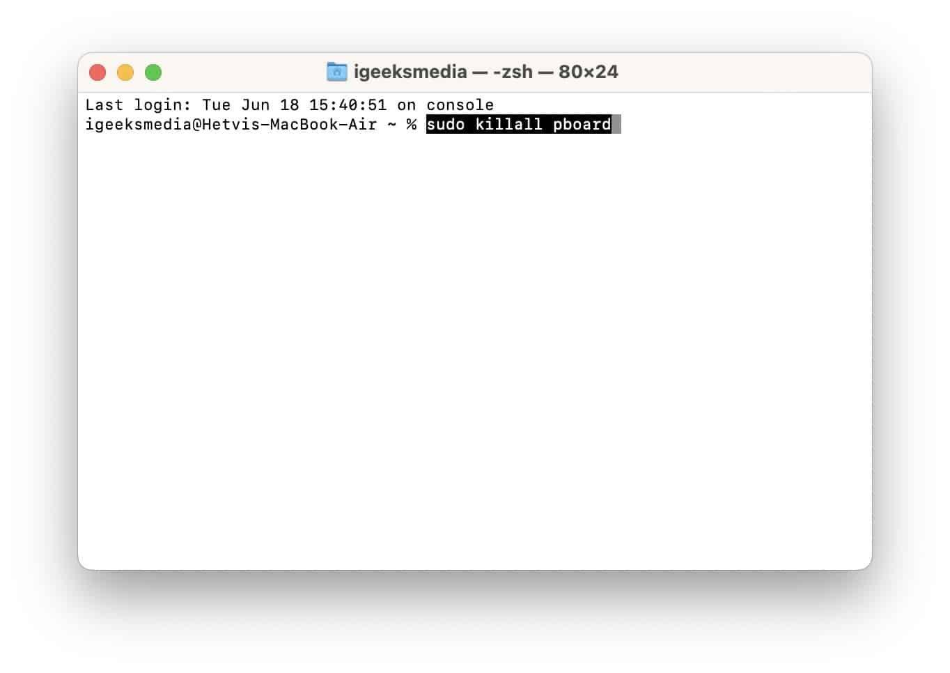 sudo kill pboard command in the Terminal app on a Mac