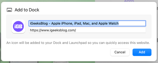 Add to Dock prompt asking for web app name and icon.