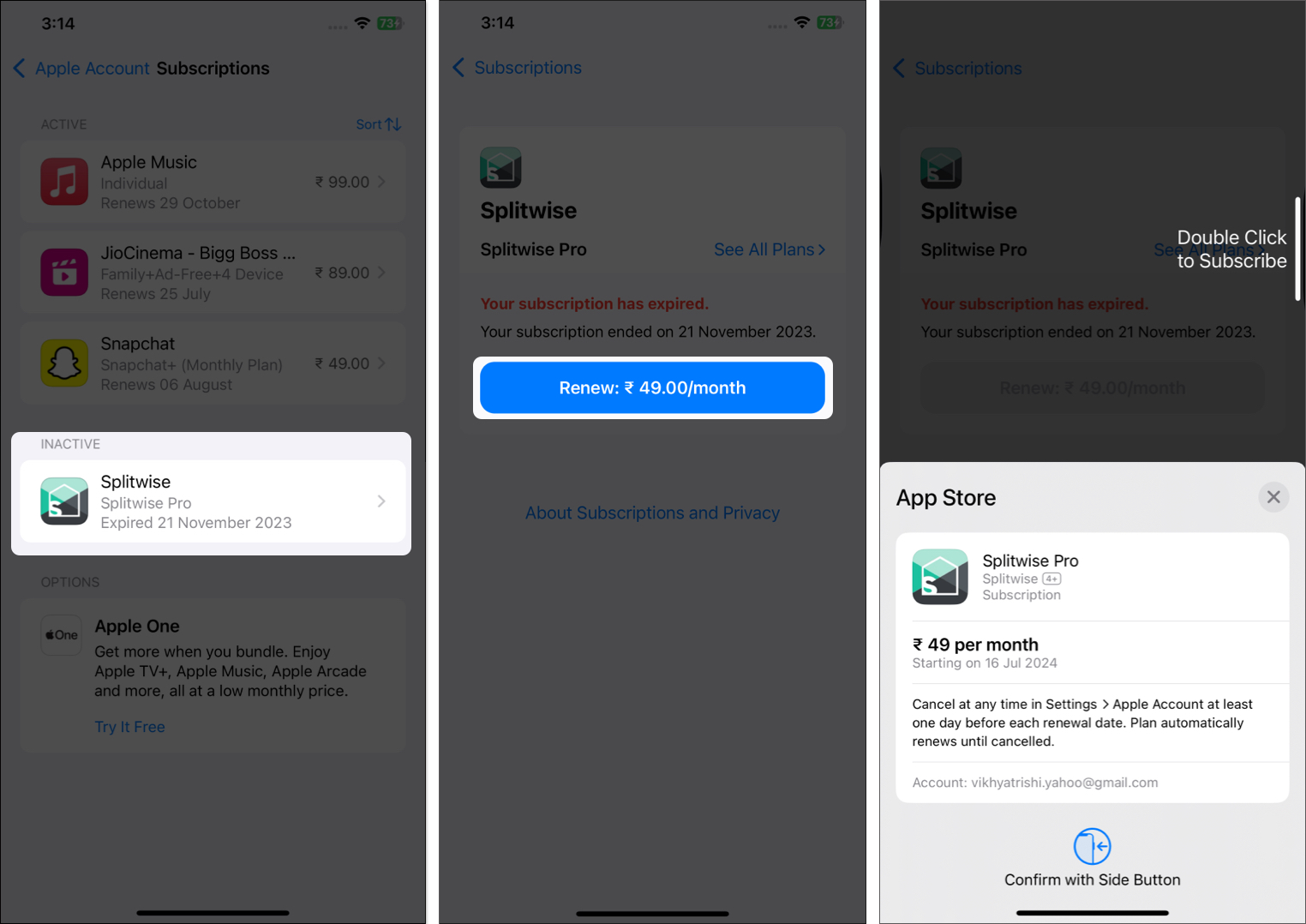 Renew button in the iPhone Settings and App Store to renew a subscription.