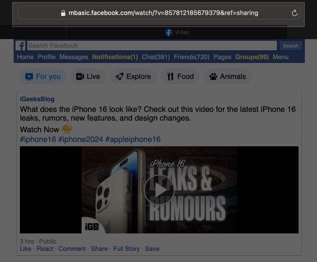 Modified URL of the Facebook video to download.