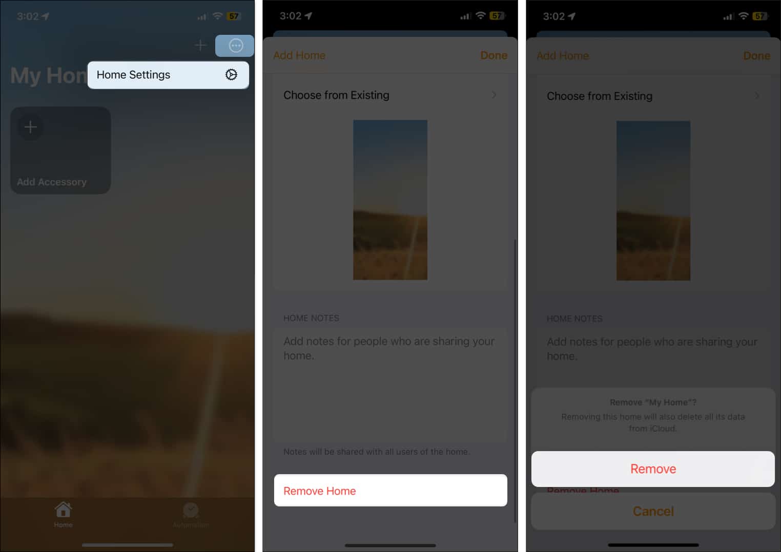 Apple Home app settings and option to remove a home on an iPhone