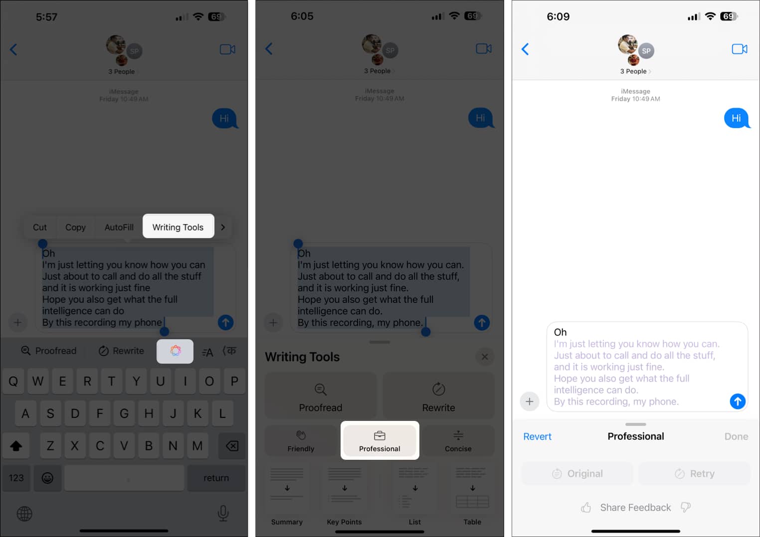 Using Writing Tools in the Messages app in iOS 18 to change the tone of a message